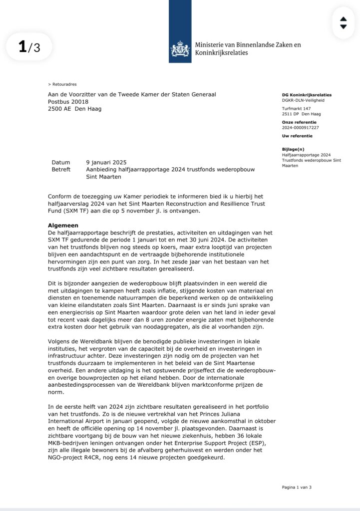 Letter to Parliament on the 2024 half-yearly report Sint Maarten reconstruction trust fund