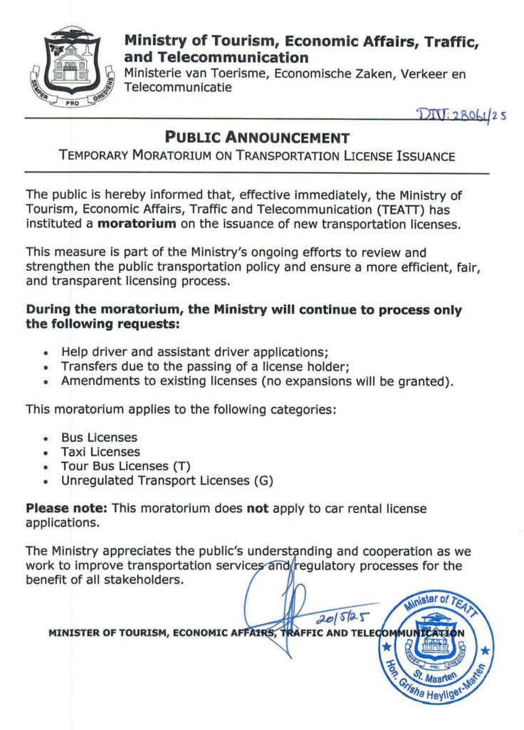 Temporary Moratorium Transportation License Issuance Dutch St Maarten 