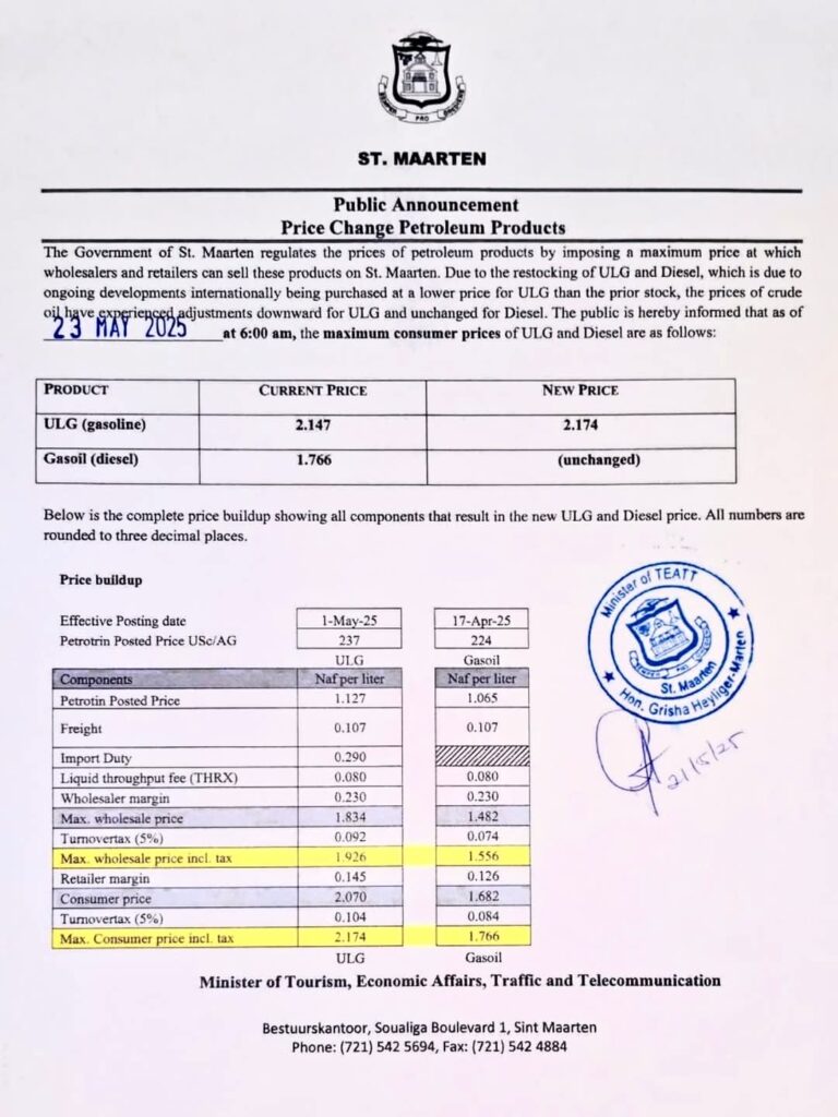 PRICE REMAINS SAME GAS AND PETROL RATES DUTCH ST MAARTEN 