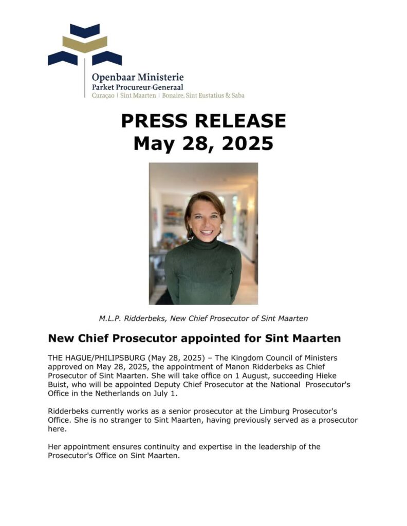 Ridderbeks Appointed Chief Public Prosecutor in Sint Maarten St Maarten